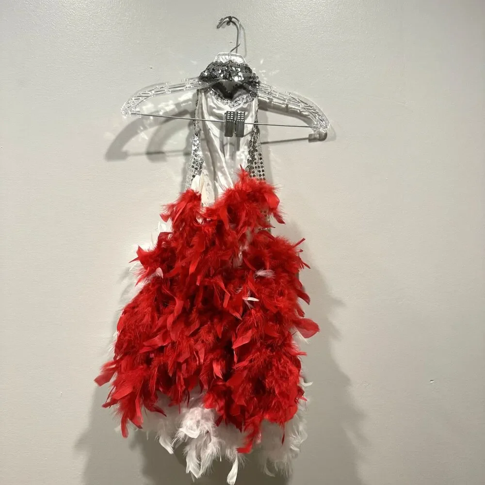 Silver Sequin Showgirl Leotard Dance Costume Removable Red Feathers Adult Small - Picture 2 of 6
